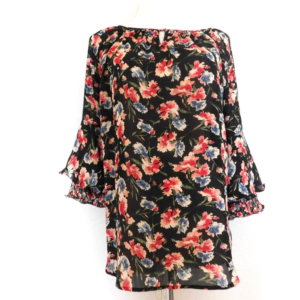 Ralph Lauren CHAPS Black Floral Flutter Sleeve Loose Blouse Size P/S Boho